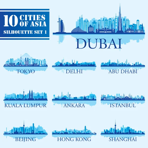 Set of skyline cities silhouettes. 10 cities of Asia 1 — Stock Vector