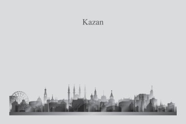 Kazan şehrinin silueti gri ölçekli vektör illüstrasyonunda
