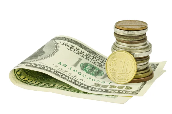 Hundra dollar under mynt med eurocent — Stockfoto