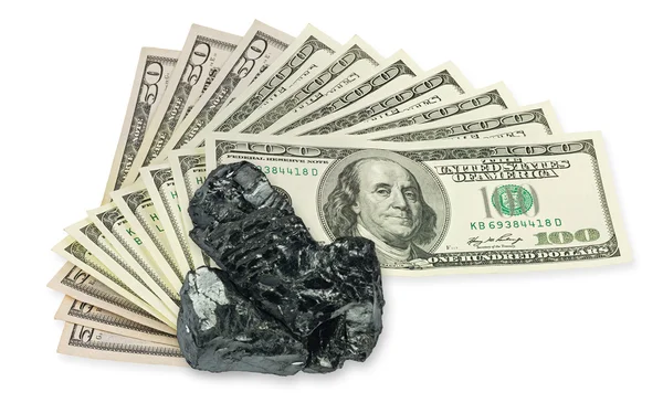 Sto dolarů bankovek a surového uhlí na vrcholu — Stock fotografie