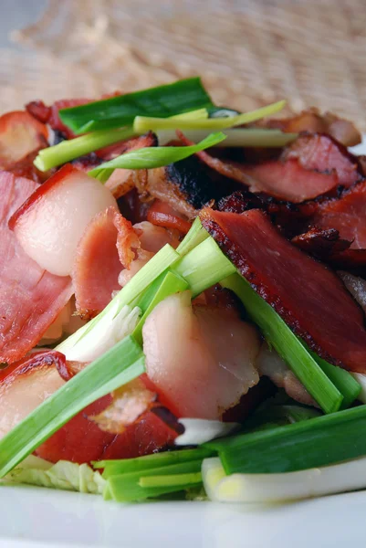 Fleisch und Schalotten in Scheiben schneiden — Stockfoto