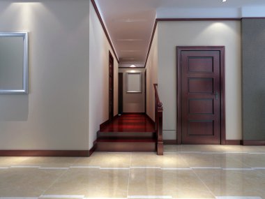 3D render modern iç koridor. oturma odası