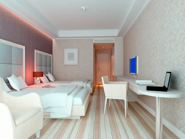 3d bedroom rendering, hotel rooms — Stock Photo, Image