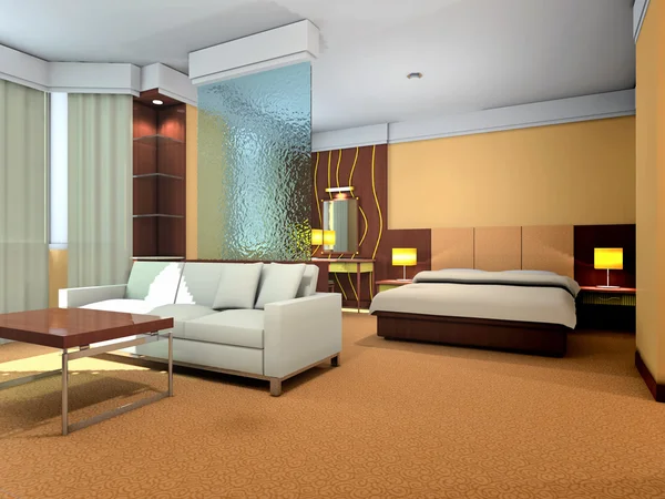 3D yatak odası ve oturma odası render — Stok fotoğraf