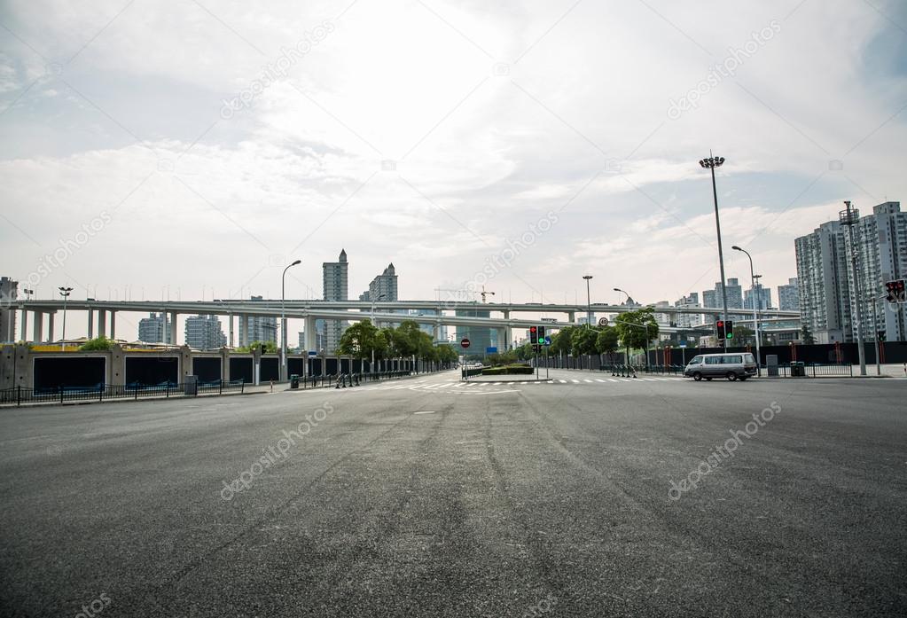 City street scene with road sign. shanghai, china.
