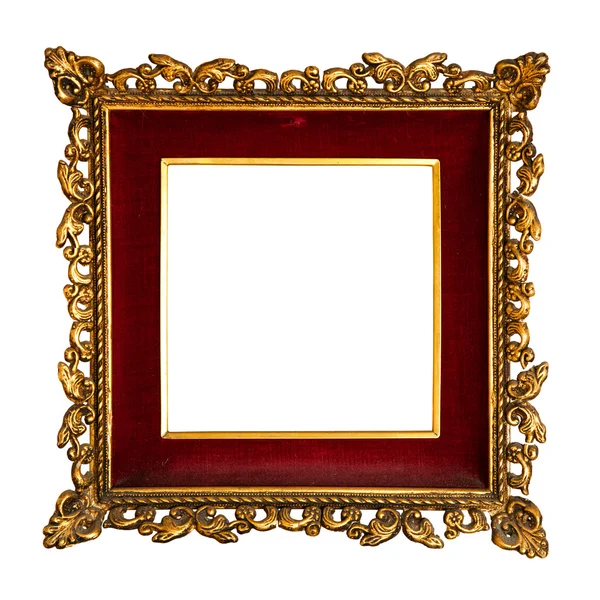 Alter goldener Retrorahmen, mit rotem Samt, isoliert auf weiß — Stockfoto