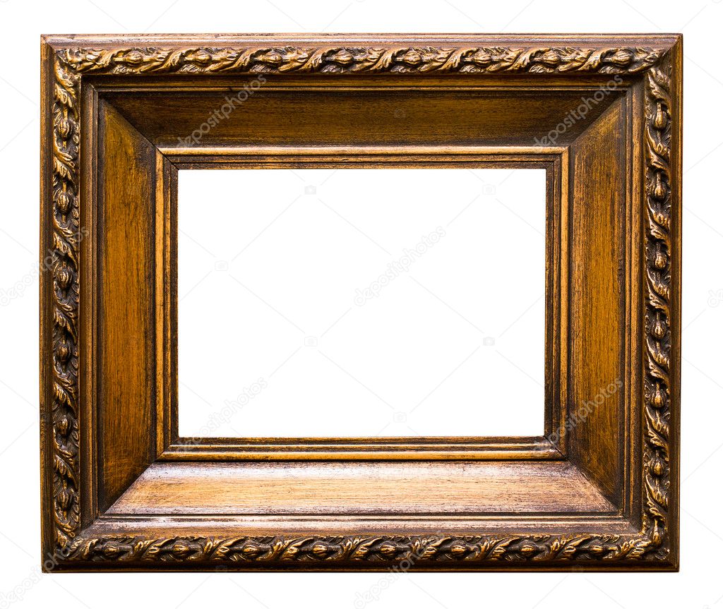 Old golden retro mirror frame, isolated on white