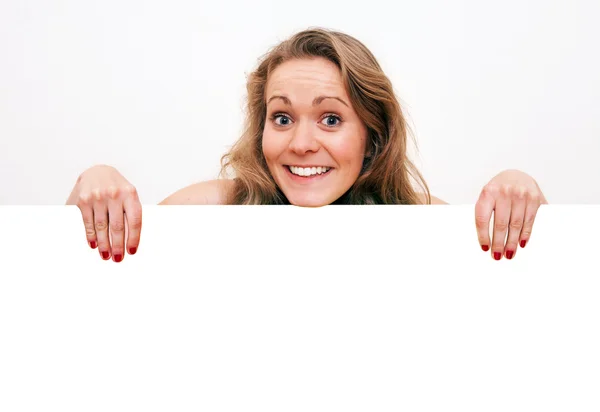 Young woman, holding a blank white board — Stock Photo, Image