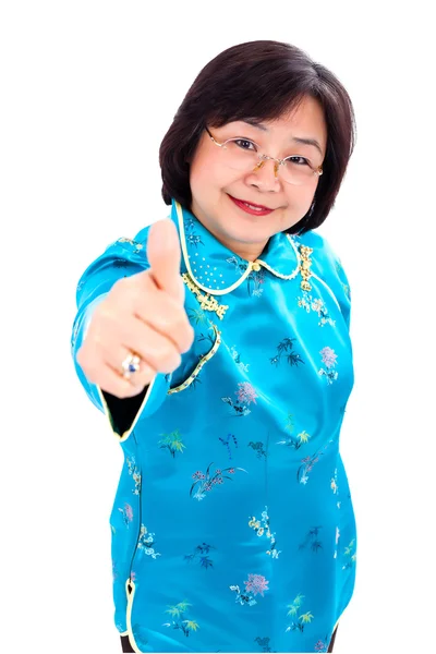 Chinês mulher polegares para cima, close-up , — Fotografia de Stock