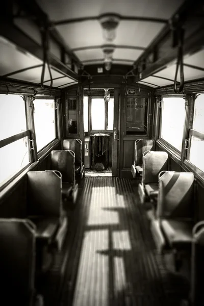 Interior of very old traditional tram, old style photo — Stock Photo, Image