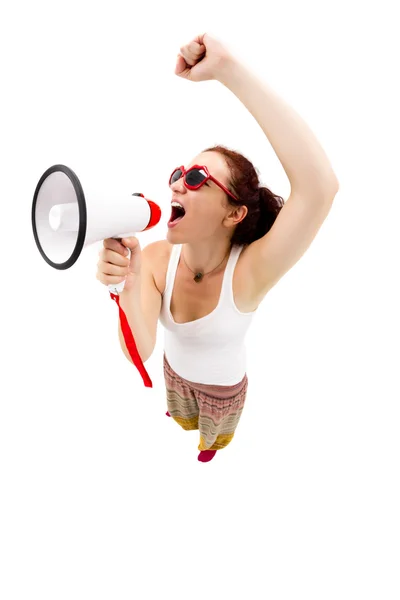 Mulher segurando megafone e gritando — Fotografia de Stock