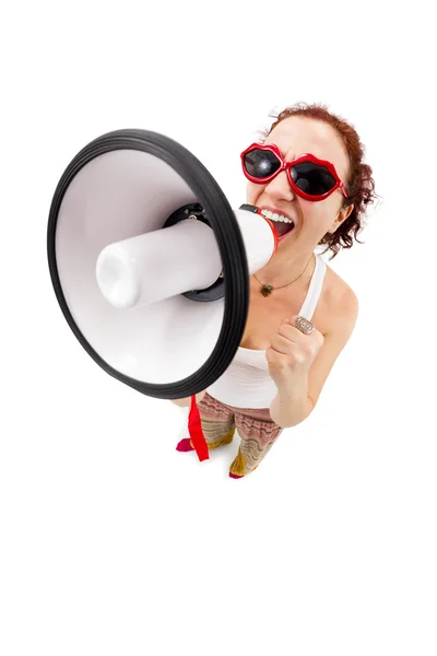 Woman holding megaphone and yelling — Stock Photo, Image