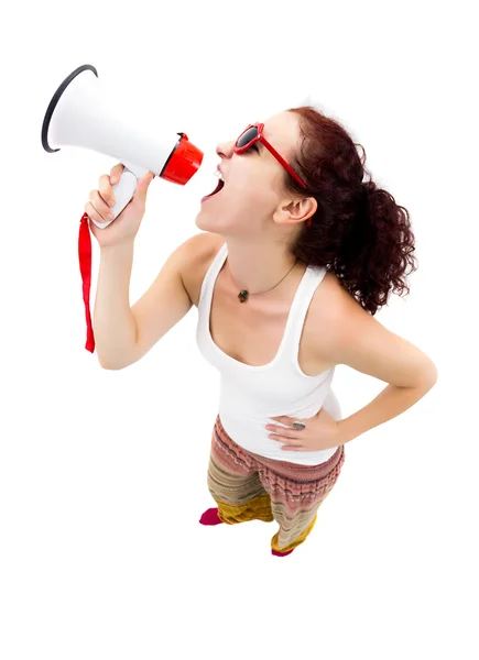 Mulher segurando megafone e gritando — Fotografia de Stock