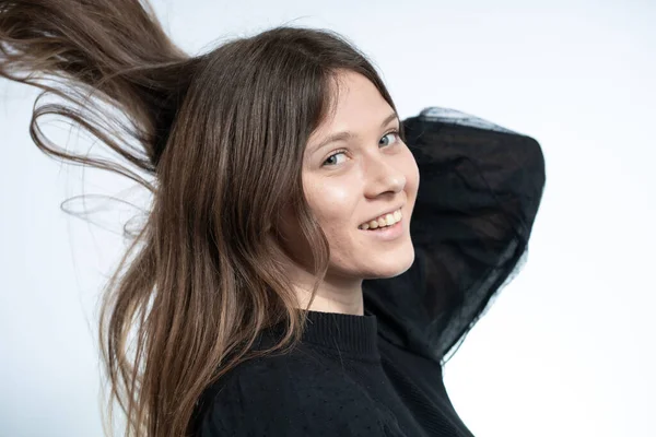 Happy Young Woman Attitude Wearing Black White Background Studio Shot — Foto de Stock