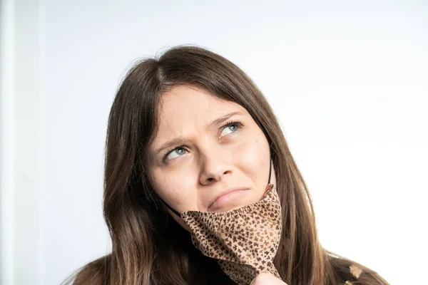 Woman Having Fun Mask Wearing Brown Mask Protecting Herself Covid — 图库照片