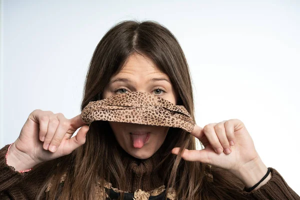 Woman Having Fun Mask Wearing Brown Mask Protecting Herself Covid — Stock Photo, Image