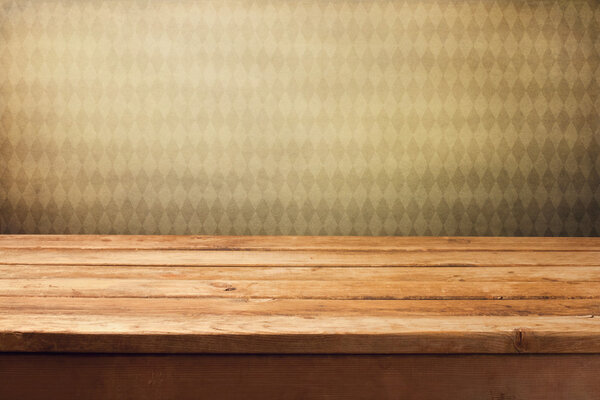 Background with wooden deck table and vintage retro wallpaper