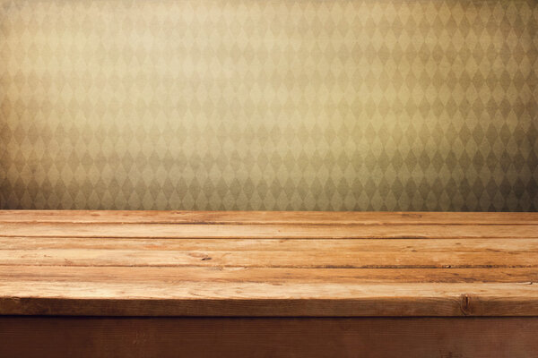 Background with wooden deck table and vintage retro wallpaper Stock Photo