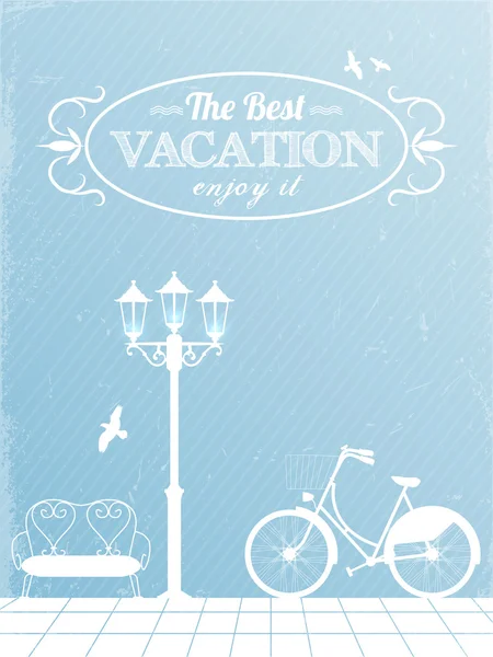 Holiday vacation retro syle poster with bicycle, street lamp and bench. — Stock Vector