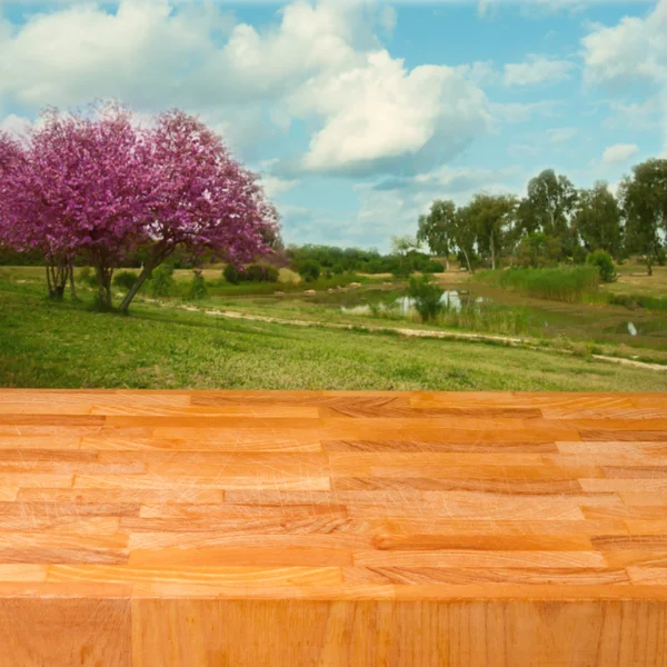 Tavolo in legno vuoto su un bellissimo paesaggio con alberi di fiori — Foto Stock