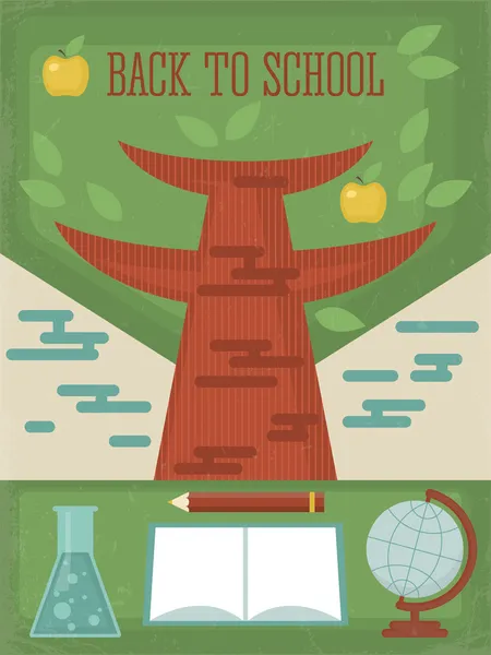 Terug naar school poster met boom en symbolen. — Stockvector