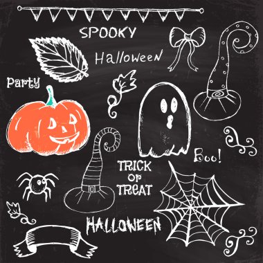 Halloween hand drawing doodles on black chalkboard clipart