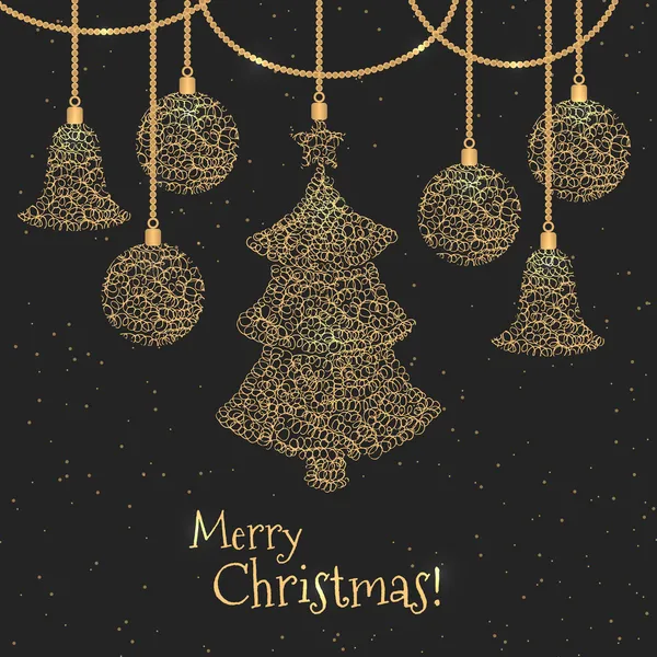 Printmerry Christmas Holiday Gruß Design mit goldenen Ornamenten und Dekorationen. — Stockvektor