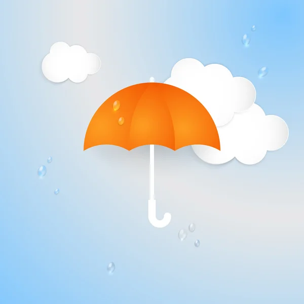 Sfondo astratto con ombrello, nuvole e gocce . — Vettoriale Stock