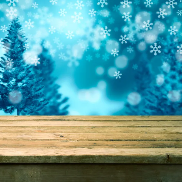 Fondo de invierno con mesa de madera — Foto de Stock