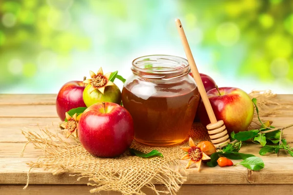Мед, яблоко и гранат — стоковое фото