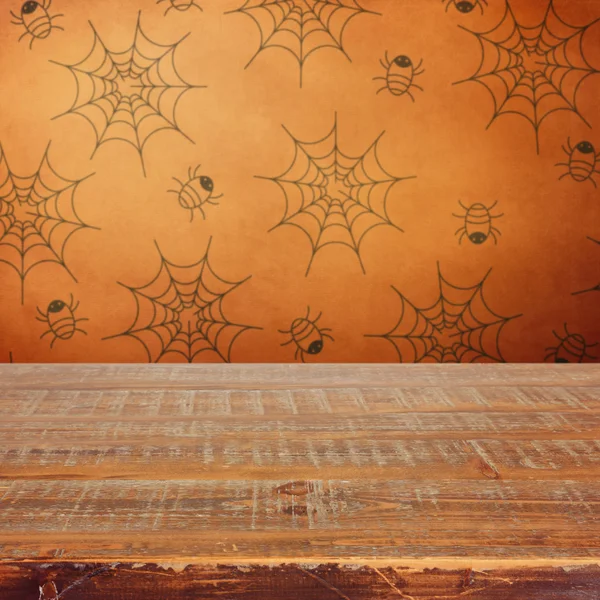 Halloween holiday background with wooden table Stock Photo