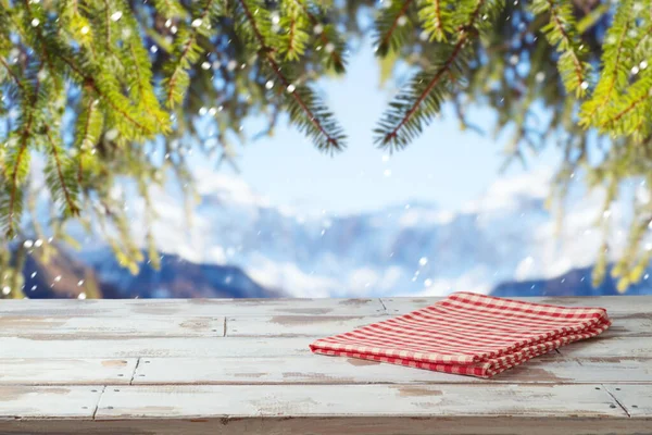 Empty Wooden Table Red Checked Tablecloth Winter Landscape Background Christmas — Stock Photo, Image