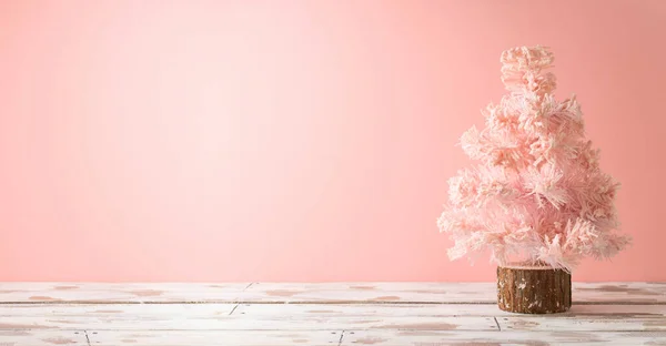 Christmas Pink Tree Wooden Table Winter Holidays Mock Design Product — Stock Photo, Image