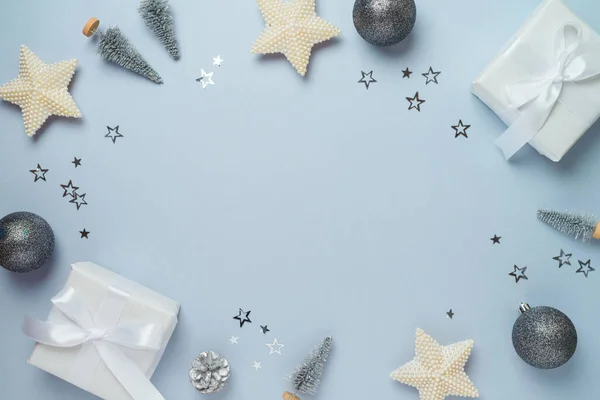 Moderne Kerst Frame Border Achtergrond Met Geschenkdoos Decoraties Wenskaart Feestuitnodiging — Stockfoto