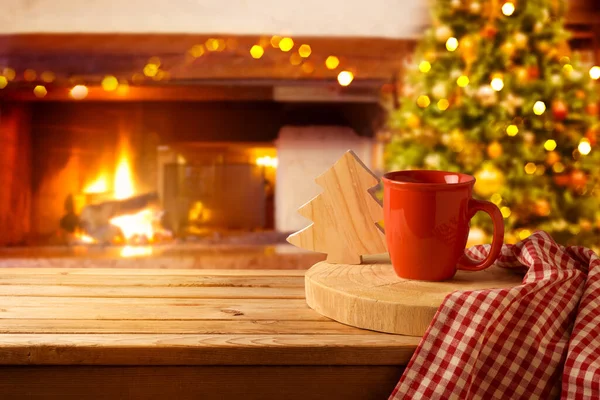 Wooden Table Coffee Cup Christmas Tree Fireplace Background Christmas New — Stock Photo, Image