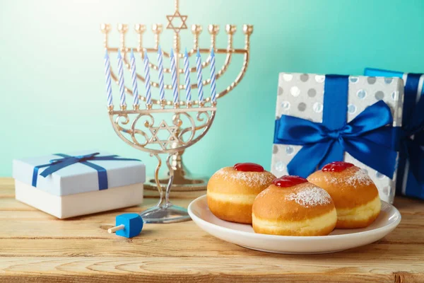 Traditional Donuts Jewish Holiday Hanukkah Wooden Table Gift Box Menorah — Stock Photo, Image