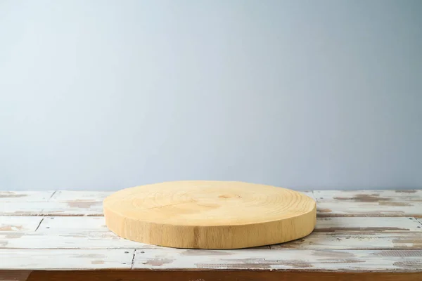 Log Legno Vuoto Tavolo Rustico Sfondo Grigio Parete Modello Cucina — Foto Stock