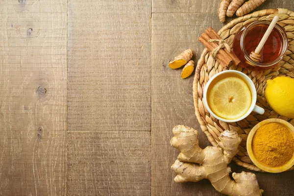 Immunity Boosting Tea Healthy Ingredients Wooden Table Background Top View — Stock Photo, Image