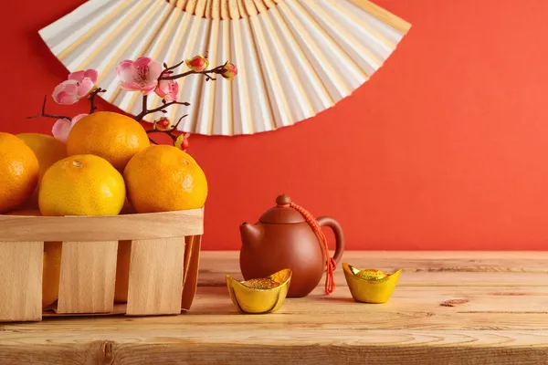 Mandarina Cesta Para Celebración Del Año Nuevo Chino Mesa Madera — Foto de Stock