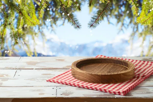Empty Wooden Plate Tablecloth Rustic Table Winter Landscape Background Christmas — Stock Photo, Image
