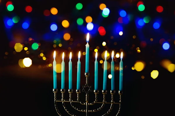 Judisk Semester Hanukkah Vacker Festlig Bokeh Bakgrund Med Traditionella Menorah — Stockfoto