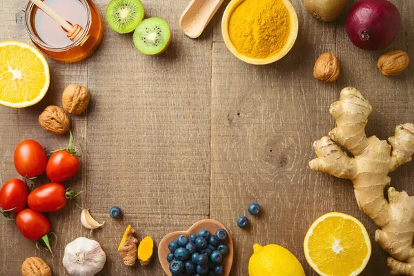 Πλαίσιο Φόντο Ανοσία Ενισχύει Φρούτα Και Λαχανικά Ξύλινο Τραπέζι — Φωτογραφία Αρχείου