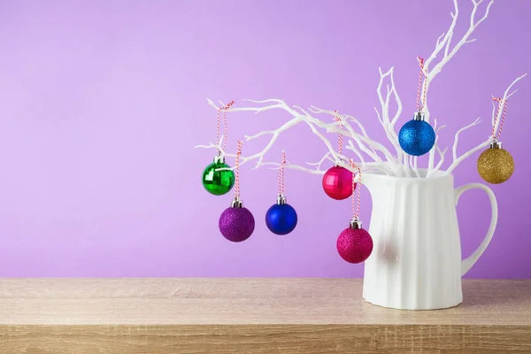 Christmas Holiday Creative Decoration Wooden Shelf Violet Background — Stock Photo, Image