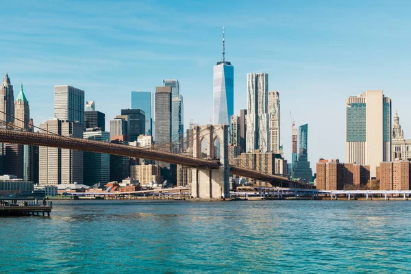 New York Şehri Aşağı Manhattan Silueti Brooklyn Köprüsü Manzarası — Stok fotoğraf