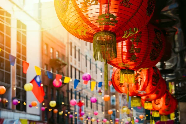 Lanterne Chinoise Rouge Dans Chinatown New York États Unis Décoration — Photo