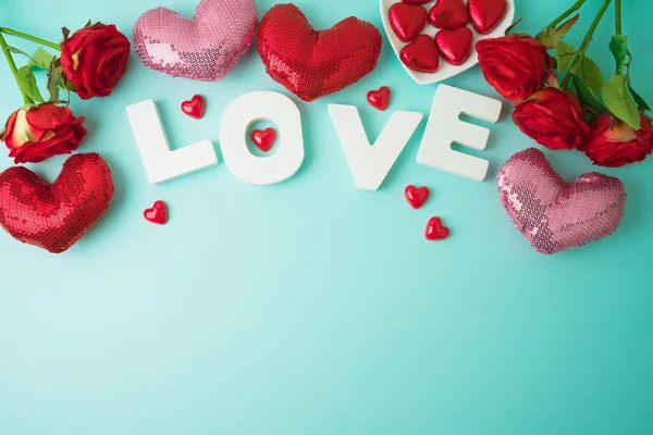Frame Border Flat Lay Composition Valentines Day Heart Shapes Rose — Φωτογραφία Αρχείου