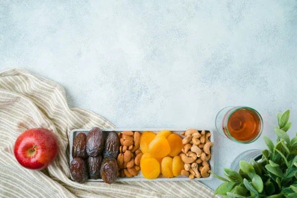 Dried Dates Fruits Nuts Jewish Holiday Bishvat Celebration Top View — Stockfoto