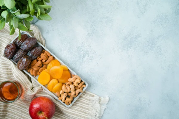 Jewish Holiday Bishvat Modern Background Dried Dates Fruits Nuts Top — Zdjęcie stockowe