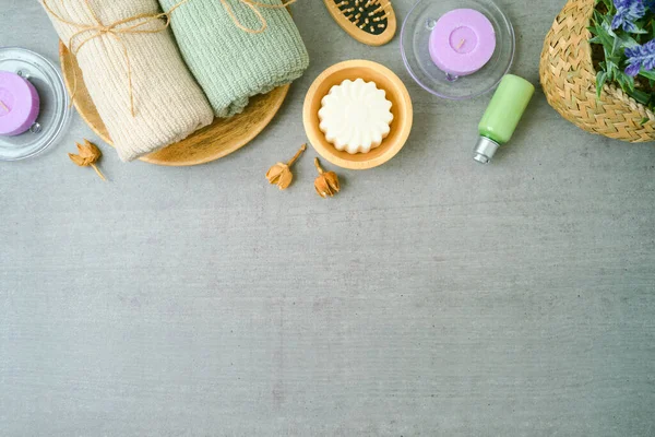 Beauty Treatment Concept Towels Soap Candles Top View Background — Stock fotografie