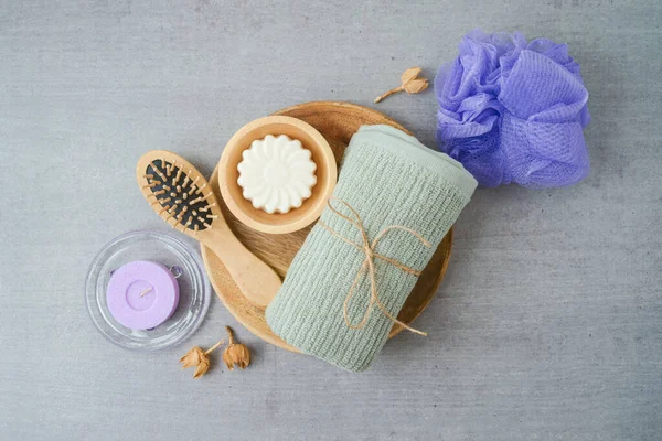 Spa Beauty Treatment Concept Towel Soap Candle Flat Lay Composition — Stock Photo, Image